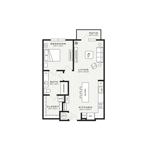 Floor plan for 1 bed, 1 bath, 809 sqft